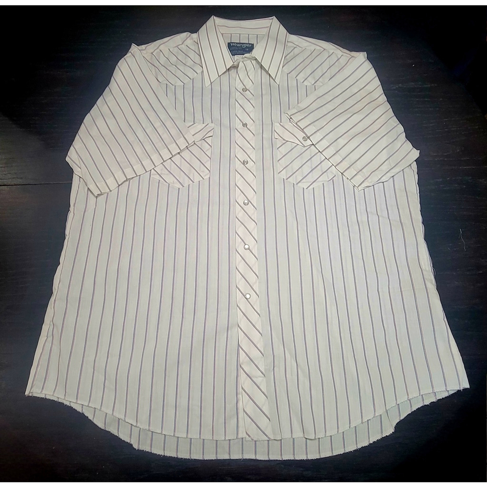 Vintage Wrangler Cowboy Cut Pearl Snap Shirt Sz 18 Long Tails White Blue Red XL